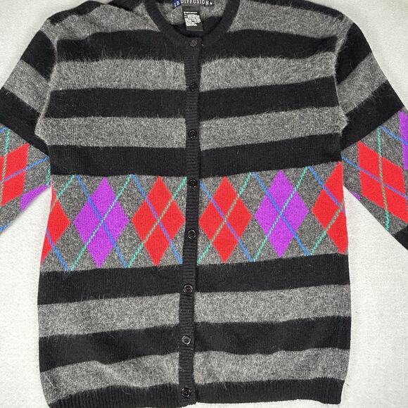 Vintage Cardigan Size S Gray Black Red Argyle 80's - Picture 2 of 8